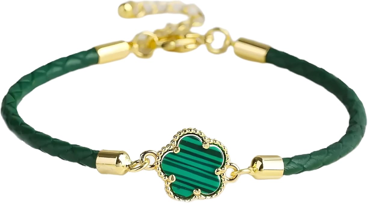 Luxury Stainless Steel Women's Bracelet – Five-Leaf Clover Design, Blue & Green, Gold Plated